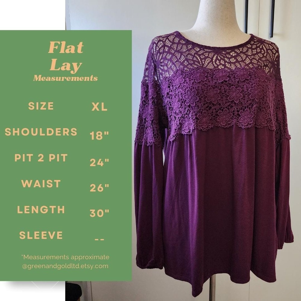 XL burgundy lace upper long sleeve blouse by Bedford Fair